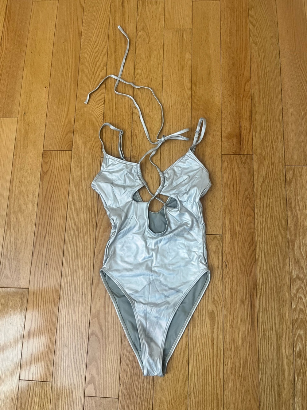 SHEIN Shiny Silver One-Piece Swimsuit with Keyhole Tie Back